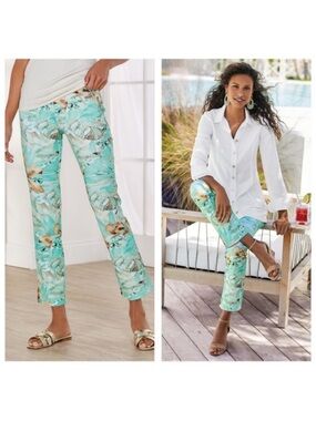 NWT Soft Surroundings Paloma Palm Ponte Straight Leg Ankle Pants sz Med Petite
